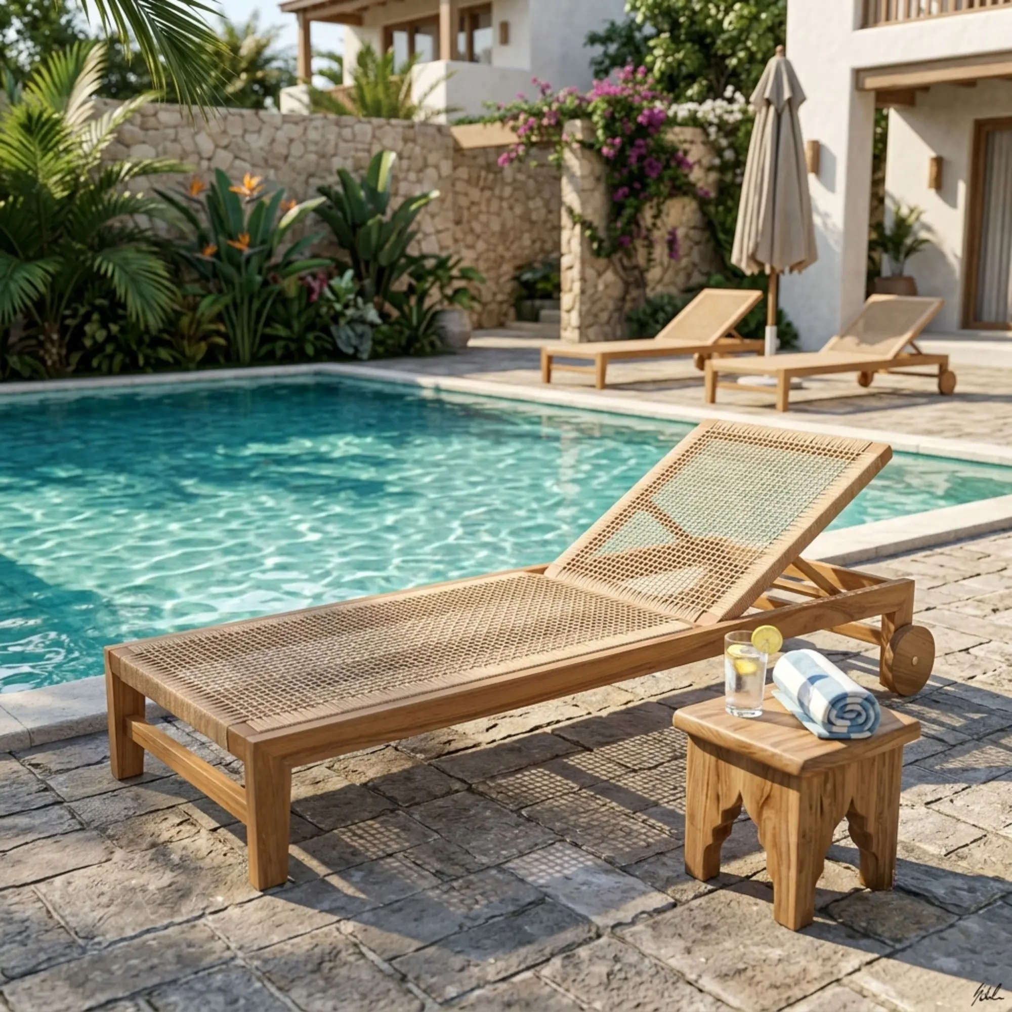 teak wood and synthetic rattan Miscellaneous Indonesia Bivi Outdoor Sunlounger export furniture